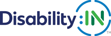 The image is a logo of "disability:in", which appears to be an organization focused on disability inclusion. the logo consists of the word "disability" followed by a colon and "in" in bold capital letters, with the "in" part encased in a circle that connects to the colon, suggesting inclusion or a complete loop. the design uses a color palette of blue and green.